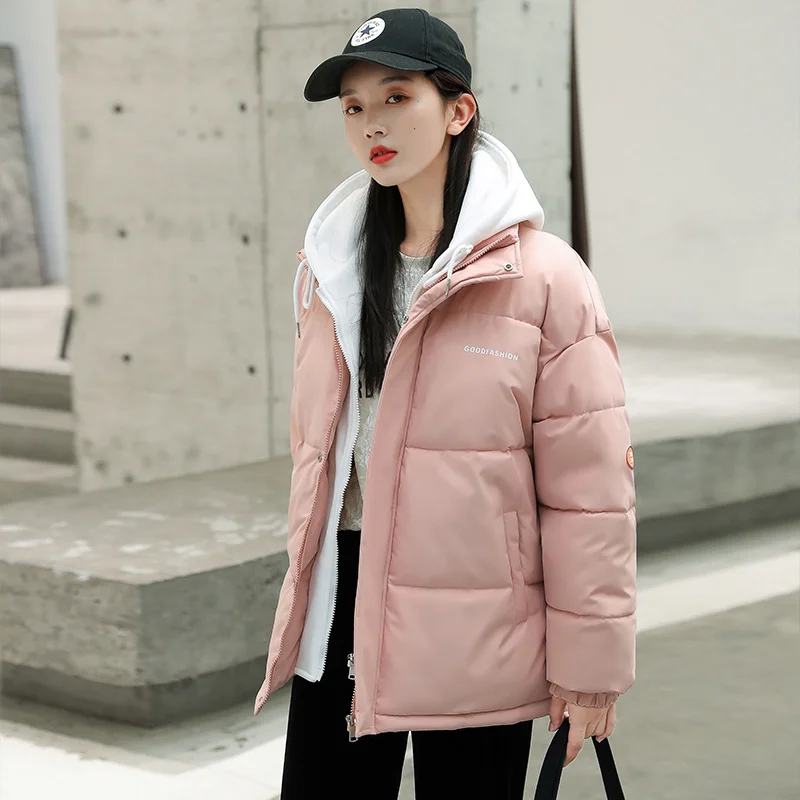 

2021 Winter Women Fake Two Pieces Thick Down Cotton Parkas Casual Hooded Warm Puffer Coat Solid Loose Zipper Ladies Overcoat