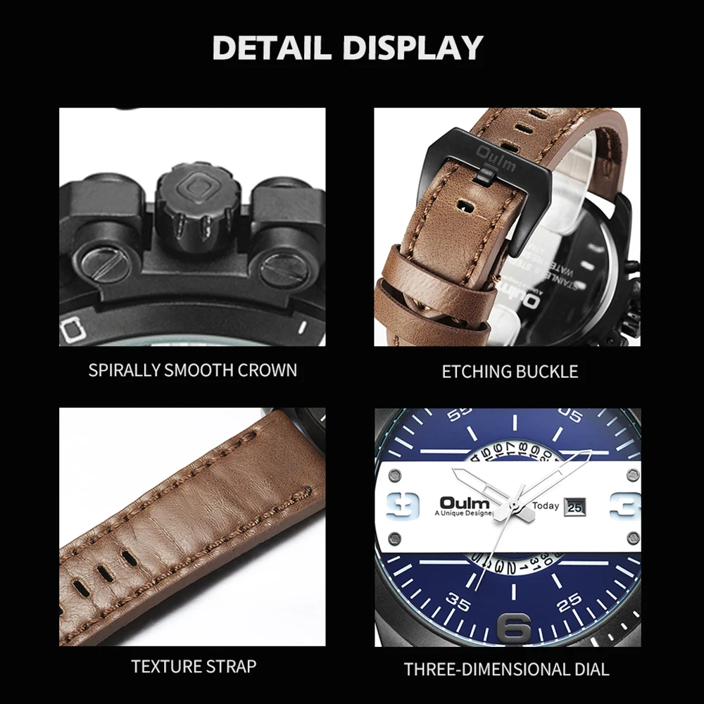 Модные Повседневные Мужские кварцевые аналоговые часы OULM с кожаным ремешком и