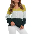 Трикотажный топ с V-образным вырезом, пуловер с длинным рукавом, вязаные джемперы с цветными вставками, Женский трикотажный свитер для повседневной носки