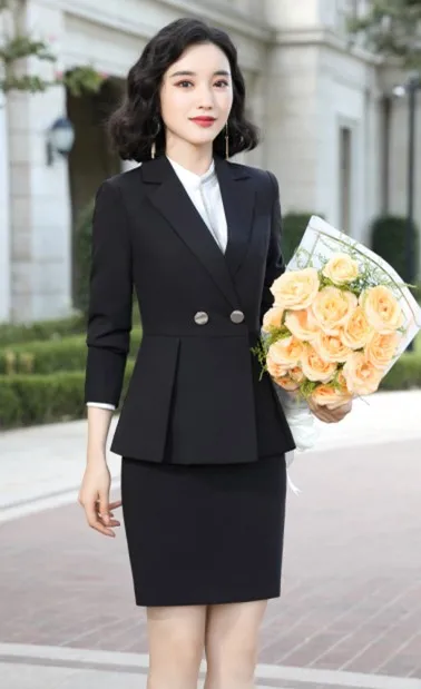 Black coat and skirt Naviu Новое поступление высокого качества Женский комплект из двух предметов брюки костюм для офисный официальный для женщин Рабочая одежда зимняя одежда - Цвет: Black coat and skirt