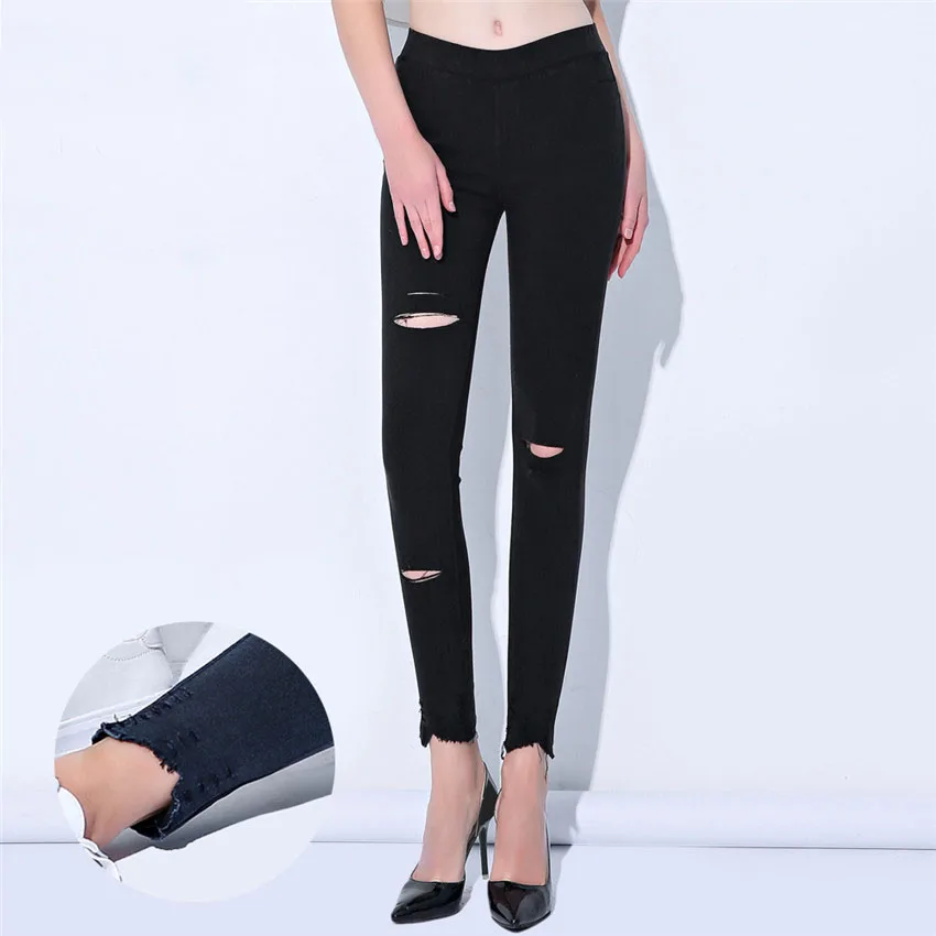 M-5XL Plus Size Hole Ripped Jeans Women High Waisted Black Pencil Pants Oversized Daily Trousers Spring Summer Pantalon Femme | Женская