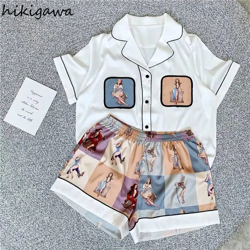 Пижама Hikigawa женская летняя мягкая пижама из вискозы с коротким рукавом и принтом