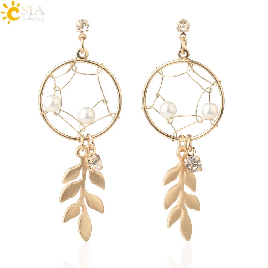 Длинные серьги гвоздики CSJA в Корейском стиле Ловец снов матовые золотистые