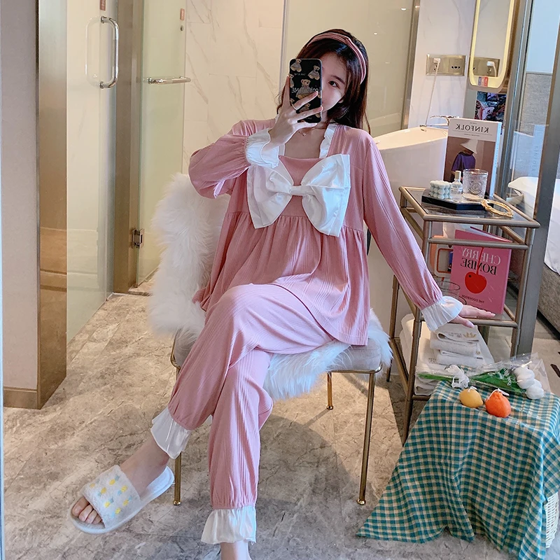 

2021 Spring And Autumn New Princess Pajamas Set For Women Wind Big Bow Pyjamas Long Sleeve Sleepwear Cute Sweet Homewear