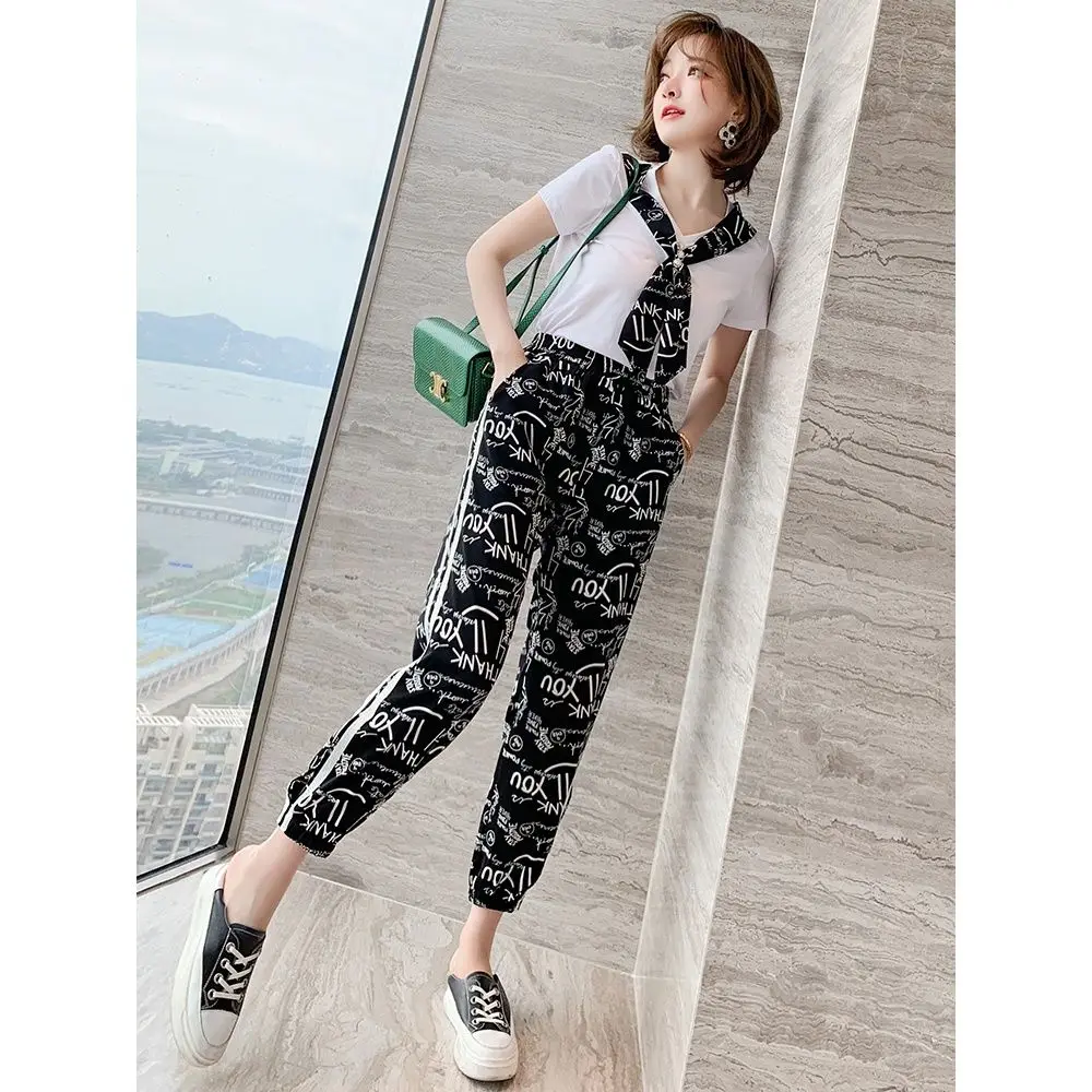 

Women 's Suit 2021 Summer Printing Color Contrast V-Neck Short-Sleeved T- Shirt + High Waist Ankle-Tied Casual Pants