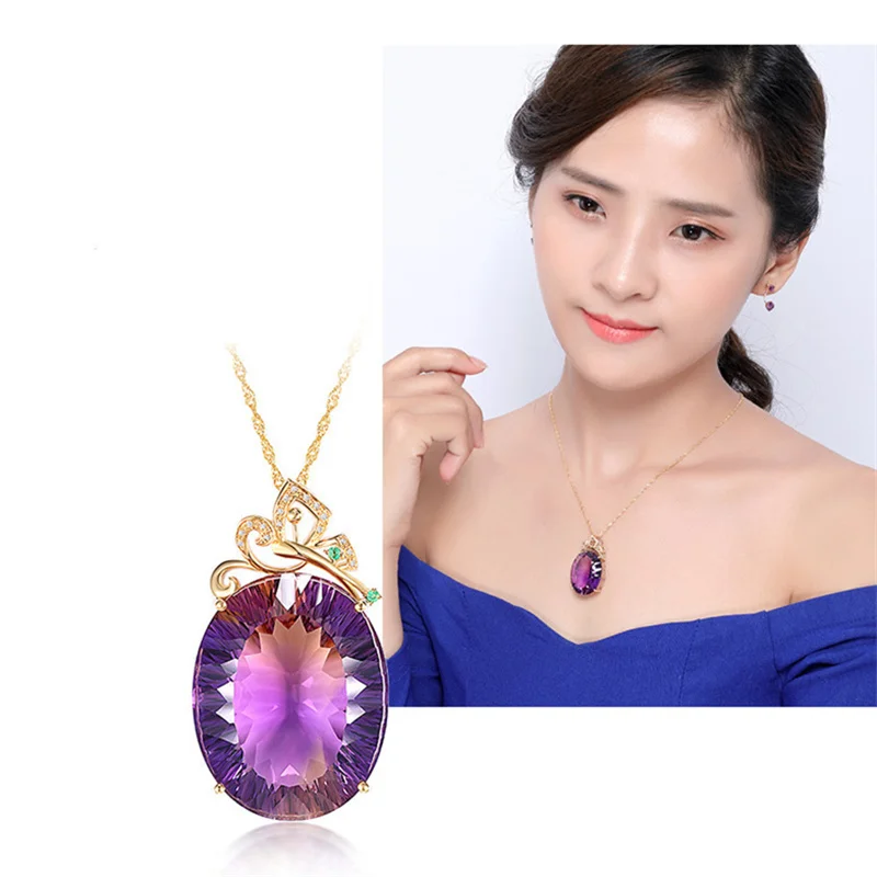 

Top Quality Silver Plated Necklace Lady Big Crystal Purple Pendant Women Gold Chain Clavicle Accessories Girlfriend Present