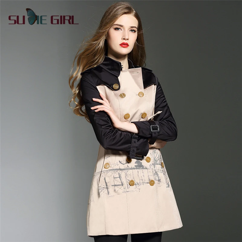 

SUDIE Girl Women's windbreaker mid-length autumn new style splicing slim double-breasted graffiti print jacket women