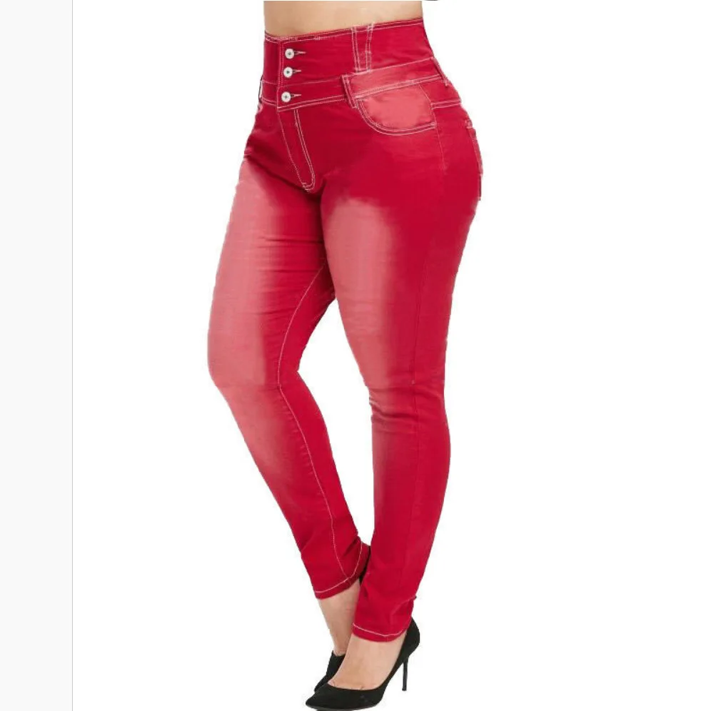 

Jeans Pencil-Pants High-Waist Red Female Plus-Size Bleached Denim Women DM001
