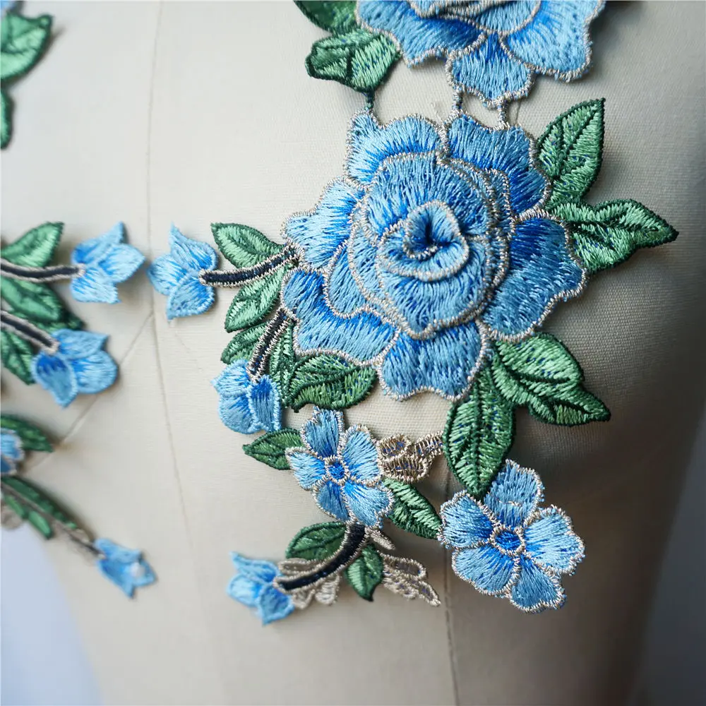 2 шт. Голубая роза 3D цветы вышитая одежда Аппликации Кружева текстильные оборки