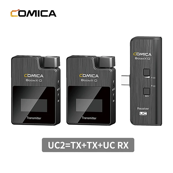 구매 Comica BoomX D UC2 키트 (TX + TX + UC RX) 1 트리거-2 모노/스테레오 스위치 2.4G 디지털 무선 마이크 USB-C Smartphone