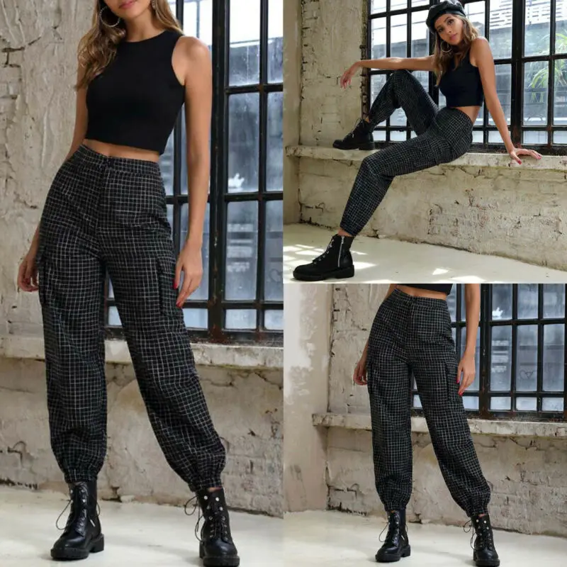 Baggy pants cargo women NEW Loose Plaid High Waist Long Pant Harem Trousers Sport Sweatpants mujer | Женская одежда