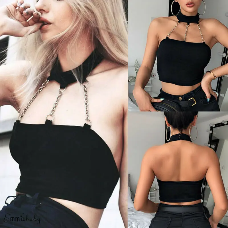 

Women's New Fashion Sexy Collar Halter Neck Chain Elastic Backless Short Sleeveless Tube Top