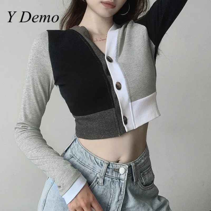 Женский трикотажный кардиган с длинным рукавом и V образным вырезом| |