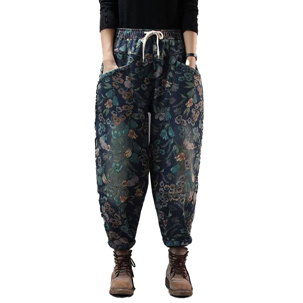 

American Loose Casual Fleece Vintage Pant Elastic Waist Thick Warm Floral Print Retro Harem Trouser Female Punk Jeans Streetwear
