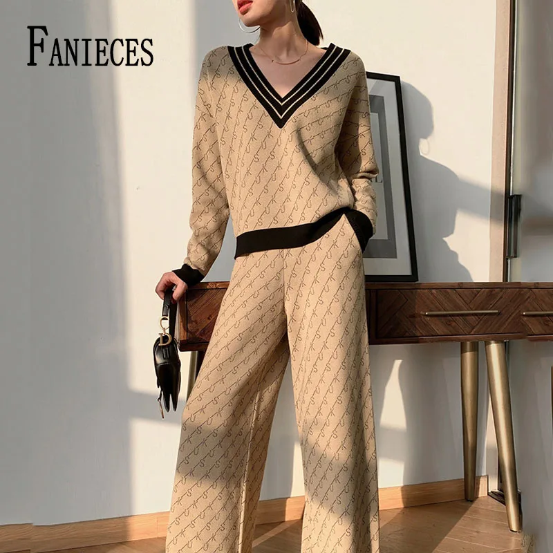 

FANIECES Letter Print Winter Knit Two Piece Set Women V Neck Knitted Jumper Tops + Wide Leg Pants Suit Elegant костюм женский