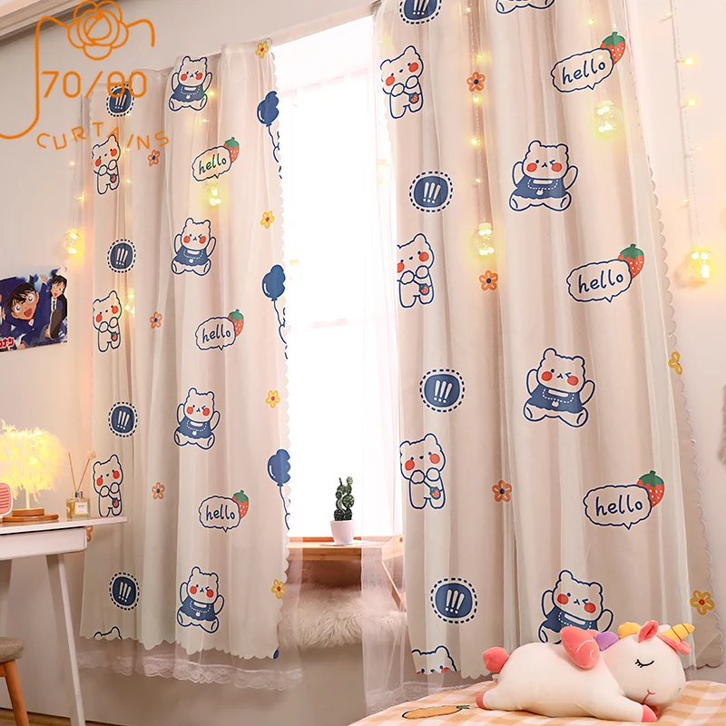 2021 New Small Window Cute Girl Bedroom Cartoon Printing Blackout Curtains for Bedroom Partition Free Punch Self-adhesive Velcro
