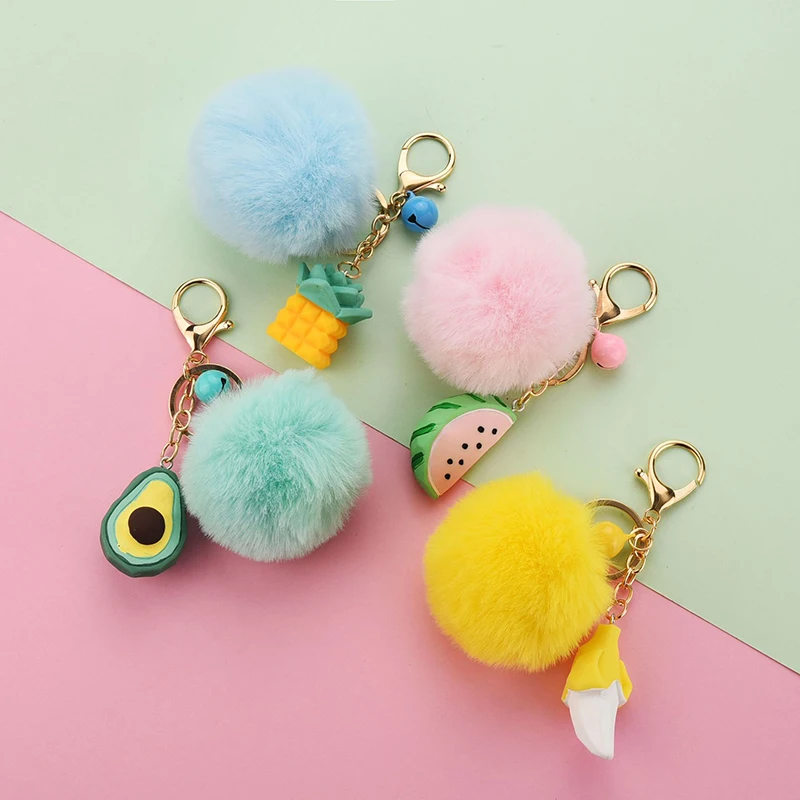 

Cute Faux Fur Pompom Keychain Fluffy Bag Charms Pendant Key Ring Accessories Women Girl Resin Watermelon Avocado Fruit Key Chain