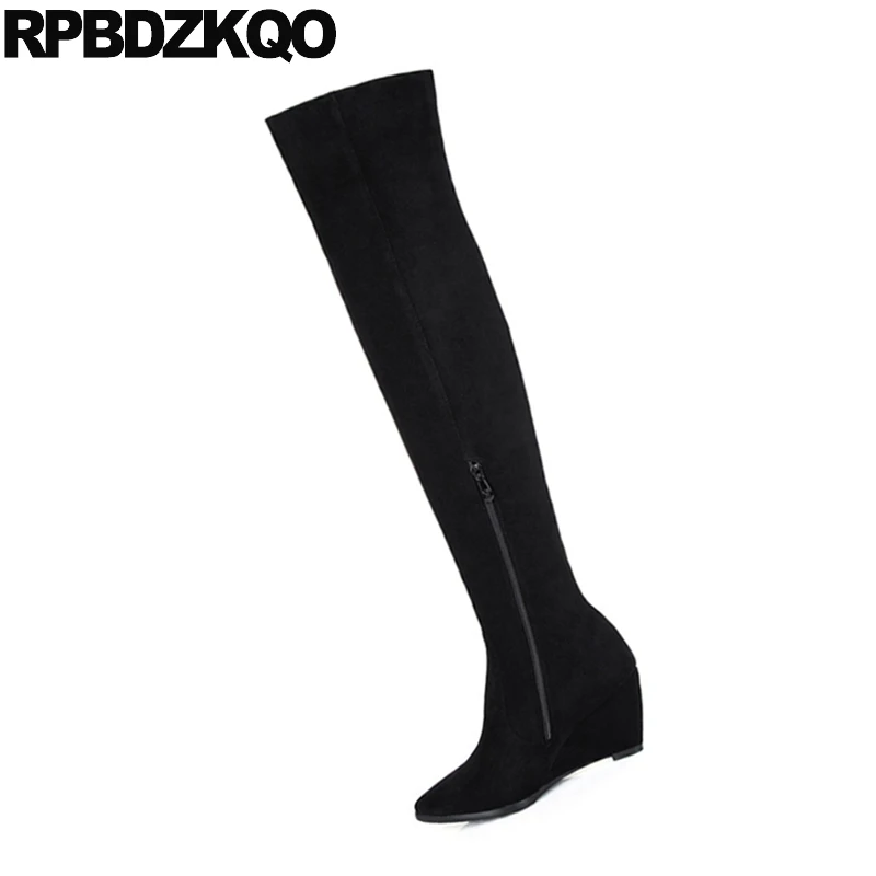 Женские высокие сапоги выше колена черные замшевые облегающие из овечьей шкуры с