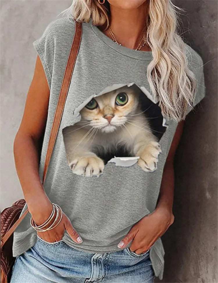 

2021 Women S-3XL Sleeveless Animal Printed Vintage Tshirts O-Neck Cute Loose Tee Tops Girl Summer Casual T Shirts Clothes New