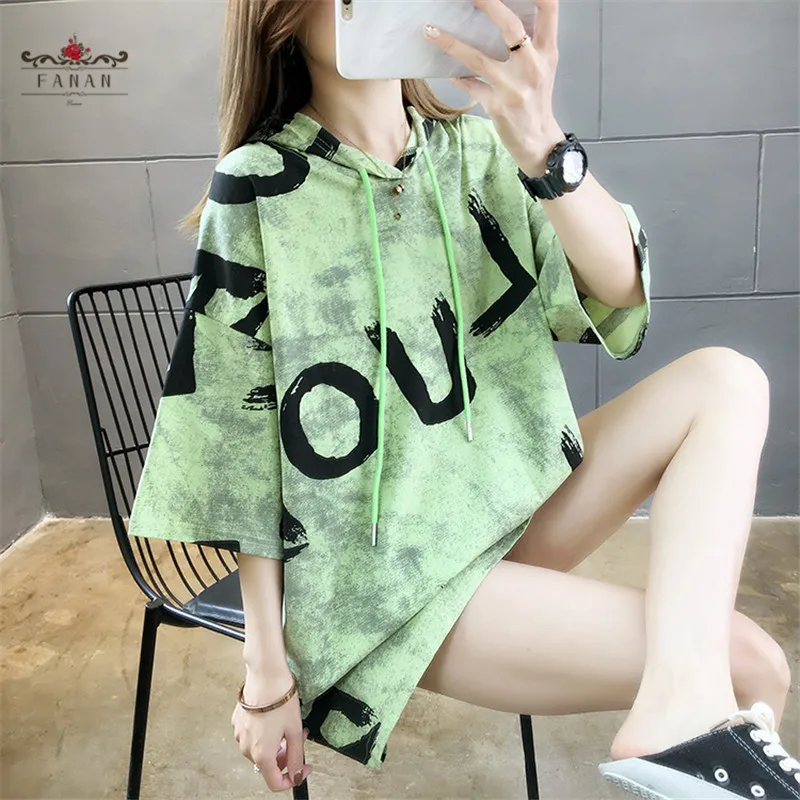 

Women T-shirt Hooded Short Sleeve For Ladies Tees Cotton Loose Casual Big Size Summer Mid-length Tops Patchwork Female Clothing