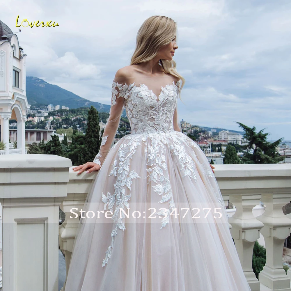 

Loverxu Sexy Illusion Boat Neck Long Sleeve A Line Wedding Dresses 2019 Luxury Appliques Lace Court Train Vintage Bridal Gowns