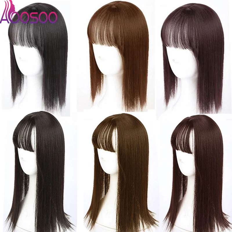 

3 Colors Long Straight closure With Hair Bangs Top Closures Hairpins Synthetic Hair Clip In Tone piece oupee Hairpieces