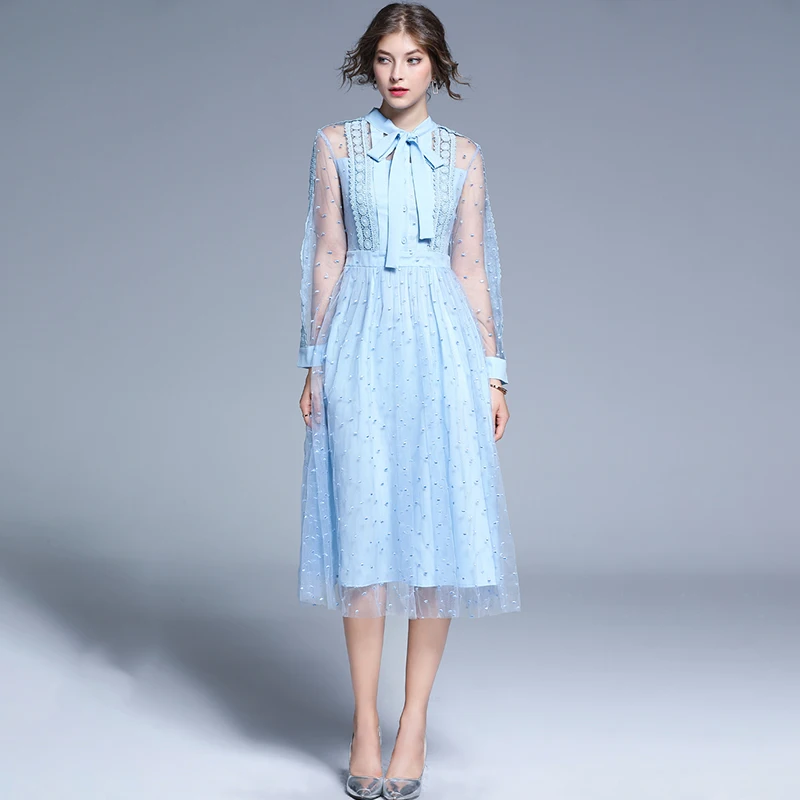 Женское Сетчатое платье миди в горошек с вышивкой|Женские платья| |