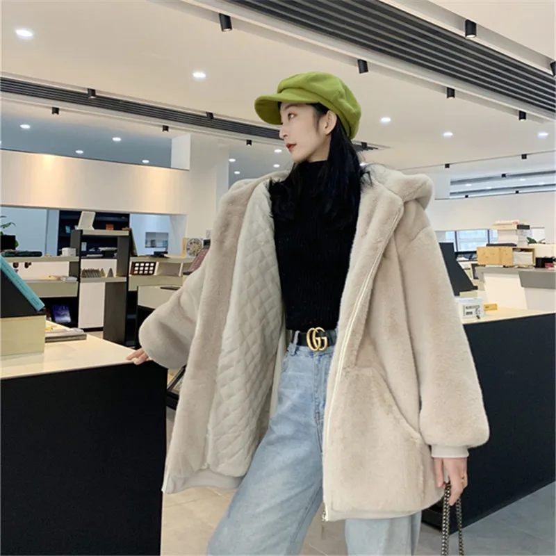 

Autumn Winter Mid-Length Fur Coat Women High Quality Imitate Rex rabbit Hooded Jacket Plus Size Female Warm Loose Overcoat G673