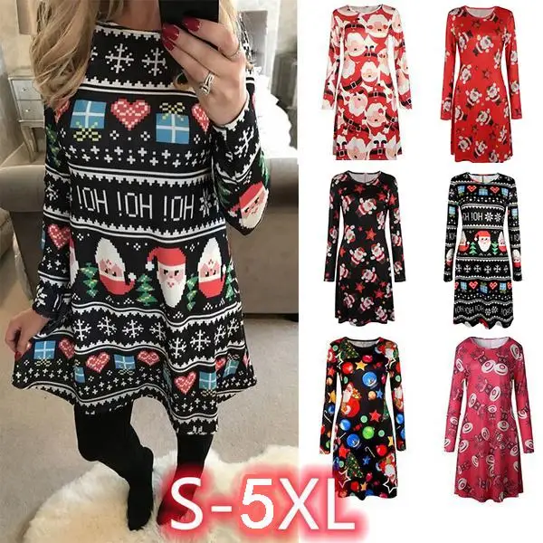

Women Santa Claus Elk Snowman Christmas Tree Printed Mini Dress O-neck Long Sleeve Family Party Casual Plus Size A -line Dress