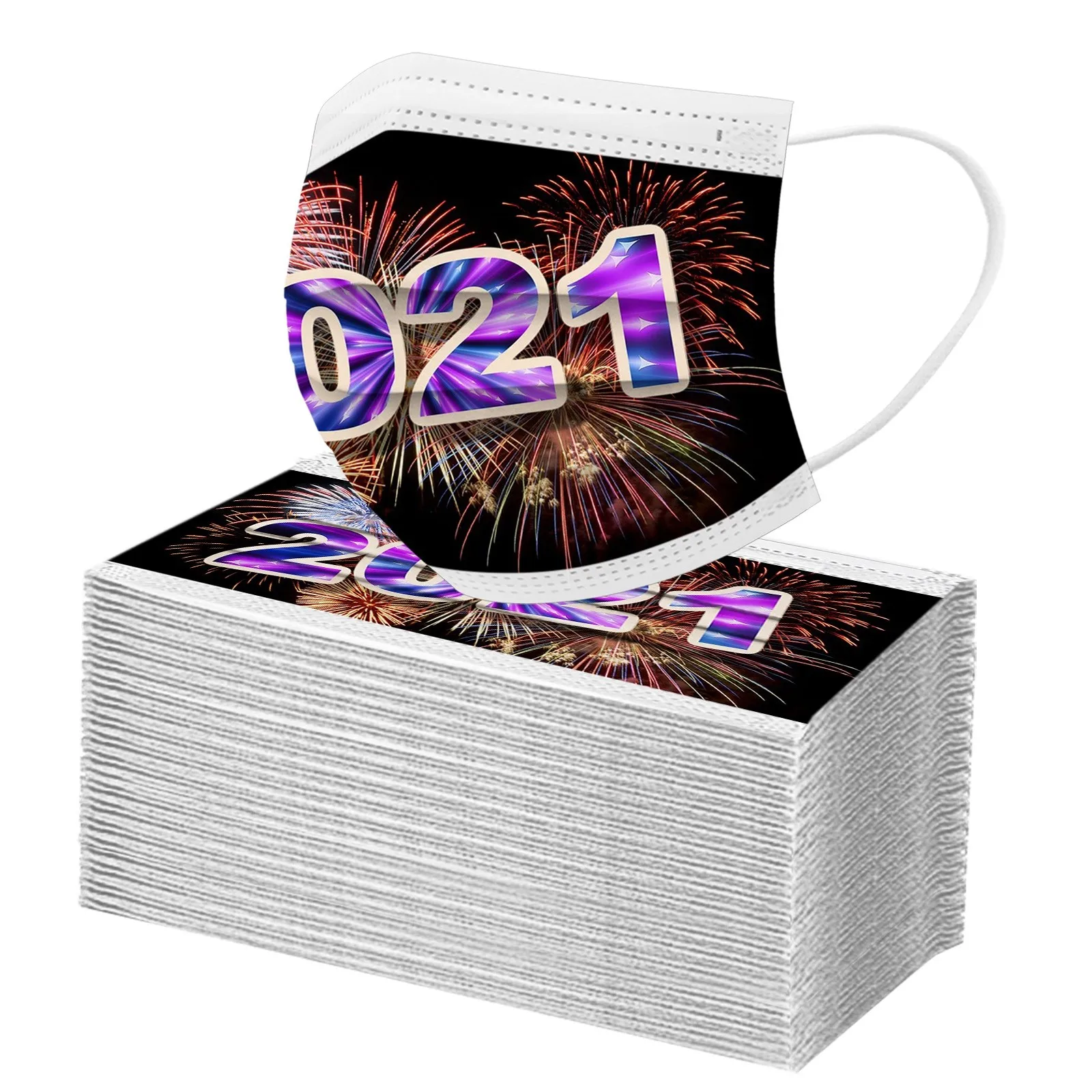 

50/100pcs Adults Mask Happy New Year's Day Prints 3 -layer Disposable Mask Halloween Cosplay Headband Masques Masque