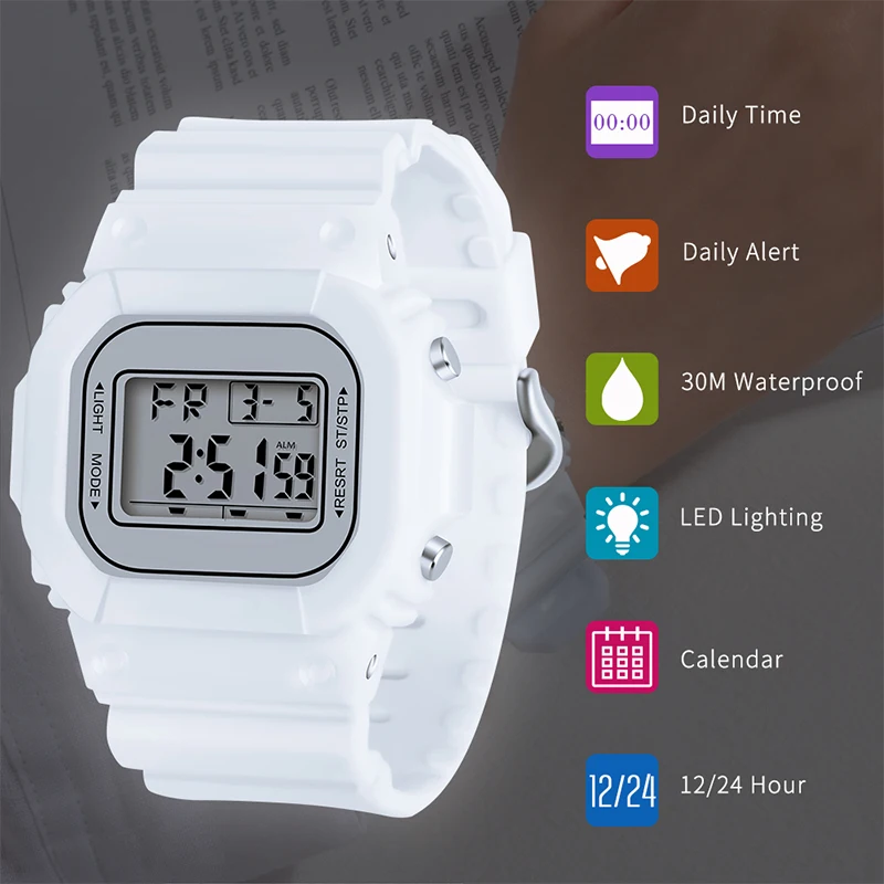 

Fashion Wrist Watches LED Alarm Clock Boy Watches Children Digital Waterproof Watch White Sport Men Relogio