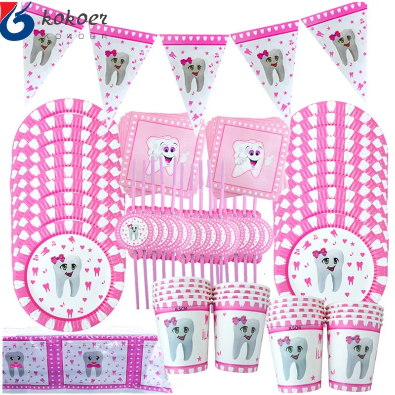 1set 20pelople ues Rosa mi primer diente tema vajilla de decoraci&oacute;n de fiesta plato y vaso de papel servilletas tablecolth babyShower fiesta Supp-0