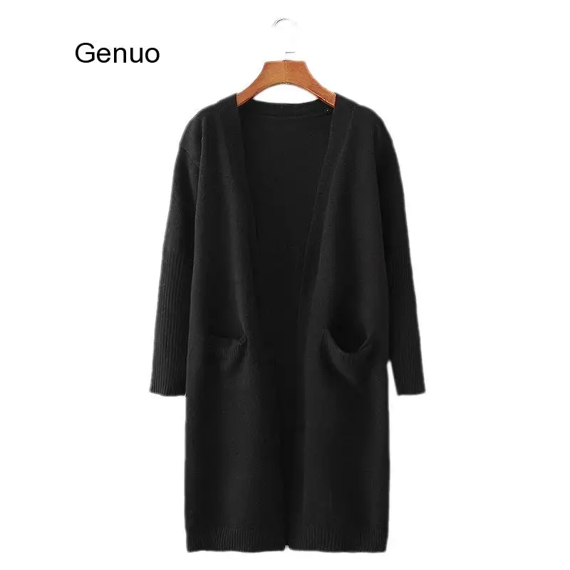 Длинный кашемировый женский кардиган цвета хаки однотонный вязаный свитер