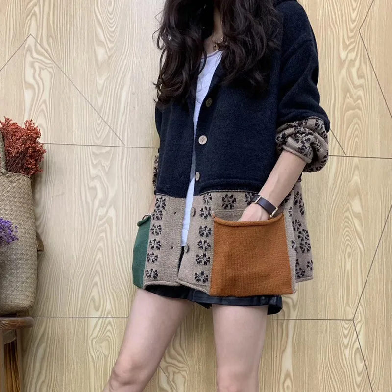 Women Sweater Loose Knitting Autumn Winter Retro Jackets Tops 2019 New Casual Panelled Pocket Ladies All-match Coat |