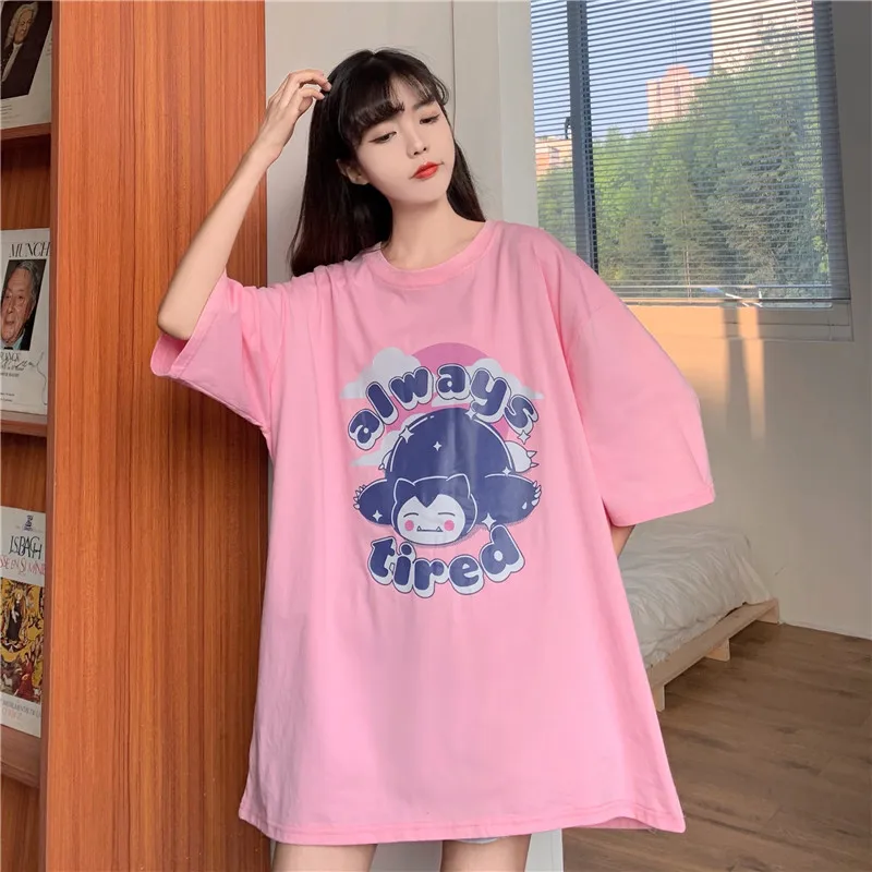 

New Korean version of the T-shirt round neck loose large size cartoon letter printing mid-length short-sleeved T-shirt women