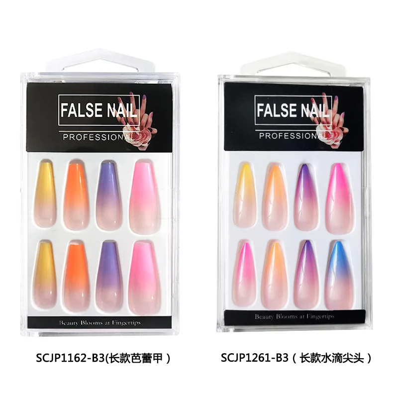 

20PCS Long Coffin Fake Nails Gradient Color Ballerina Full Nail Art Tips with Designs Press on Nails Art Fake Extension Tips