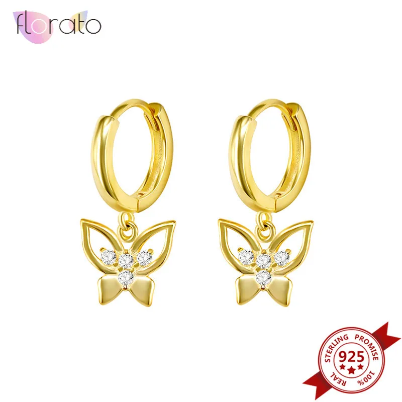 

925 Sterling Silver Ear Buckle Butterfly Hanging Hoop Earrings for Women Gold Color Crystal Huggie Earrings Cute Korean Jewelry