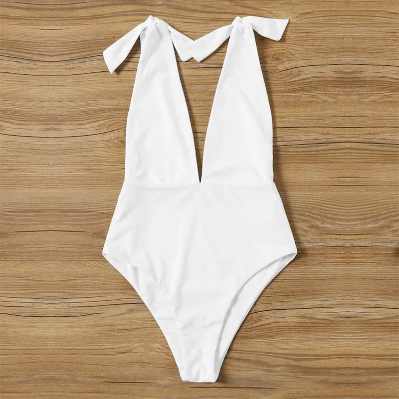 

Sexy V-Neck Cut Out One Piece Swimsuit Women Swimwear Beach Wear Bowknot Shoulder Bathing Suit High Waist Monokini Swimming Suit
