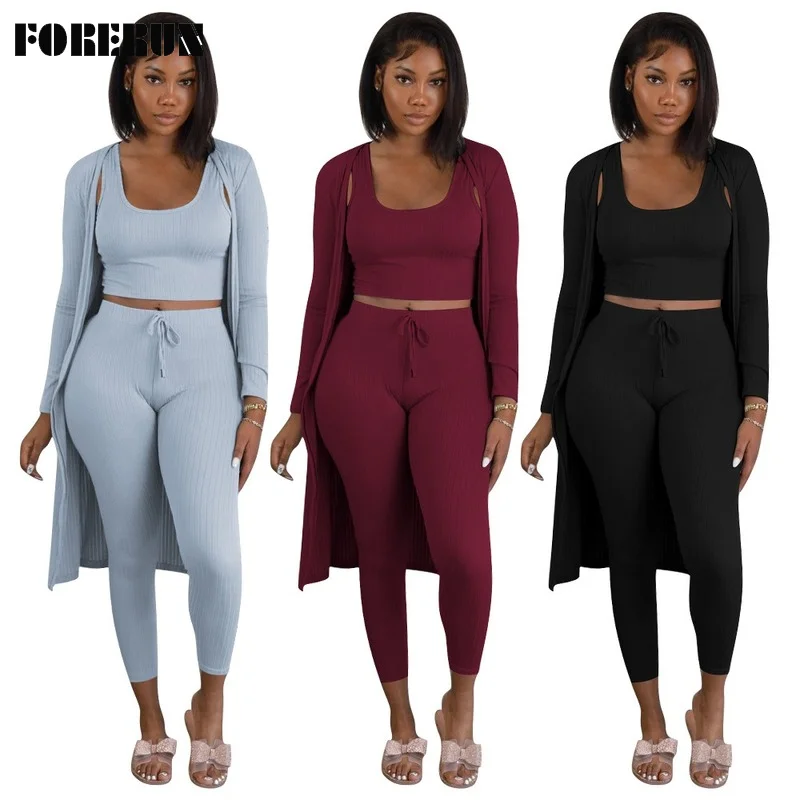 

FORERUN Home Suit Women Solid Long Cardigan Square Collar Ribbed Knitted Cropped Tank Top High Waist Leggings Three Piece Set