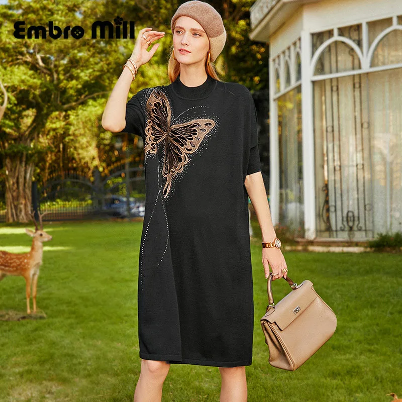 Embroidered Butterfly Flowers Loose Knit Women's Clothing Autumn New Three Quarter Sleeve Half High Neck Lady Dress One Size