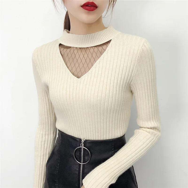 

Свитер женский с длинным рукавом, хлопковая водолазка с вырезами, пуловер в Корейском стиле, белый черный свитер на осень и зиму