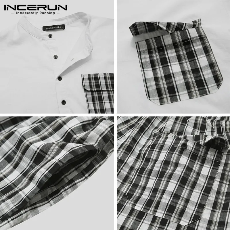 

INCERUN 2021 Men Casual Sets Harajuku Short Sleeve Cotton Plaid Patchwork Shirt Plaid Shorts Streetwear Japanese Men Suits S-5XL