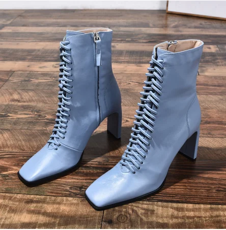 Кожаные ботинки YEELOCA модная обувь на высоком каблуке зимние шнуровке ботильоны с