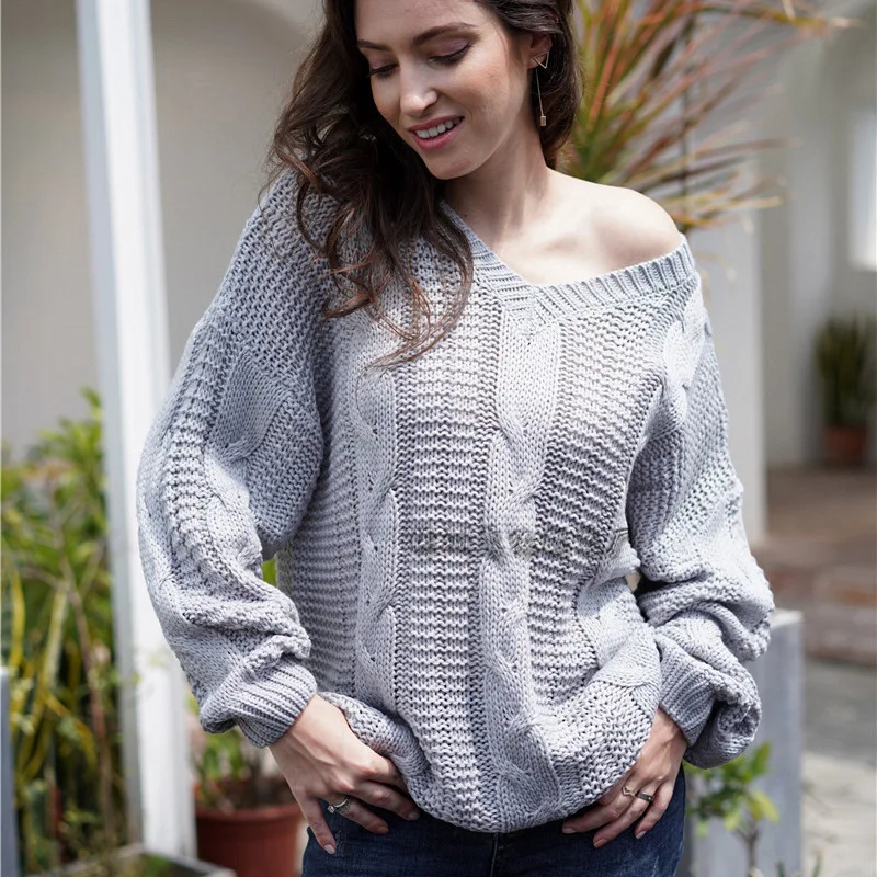 Модный новый женский хлопковый трикотажный теплый свитер с v-образным вырезом