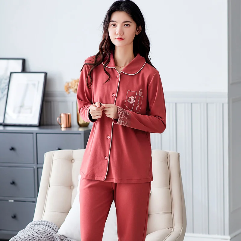 

New Autumn Cotton Women Pajamas Floral Sleepwear Long Sleeve Turn-down Collar Cardigan Plus Size Pyjamas Set Womens Homewear
