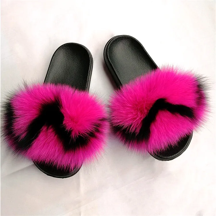 as pic shows 28 Women Fox Fur Slippers Real Fox Fur Slides Lovely Plush Slippers Woman Summer Home Sandals Women Fur Slides Furry Flip Flops Hot - Цвет: as pic shows 28