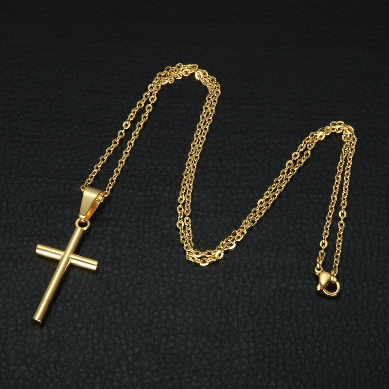 

New Stainless Steel Cross Necklace Men Pendant for Women Gold Silver Crystal Link Chain Prayer Necklace Christian Jewelry Gift