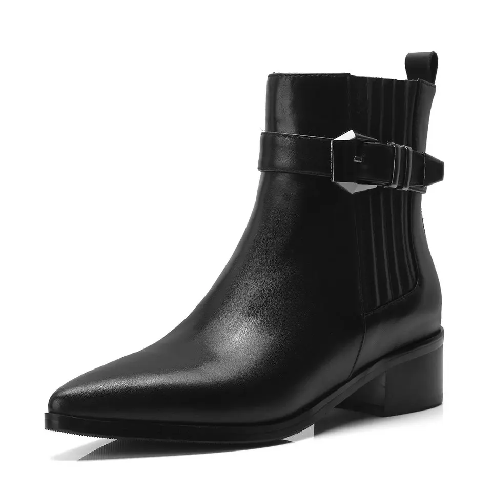 

EshtonShero Autumn/Winter Shoes Woman Ankle Boots Cow Leather+PU Black Med Heel Zipper Ladies Motorcycle Boots Size 3-8