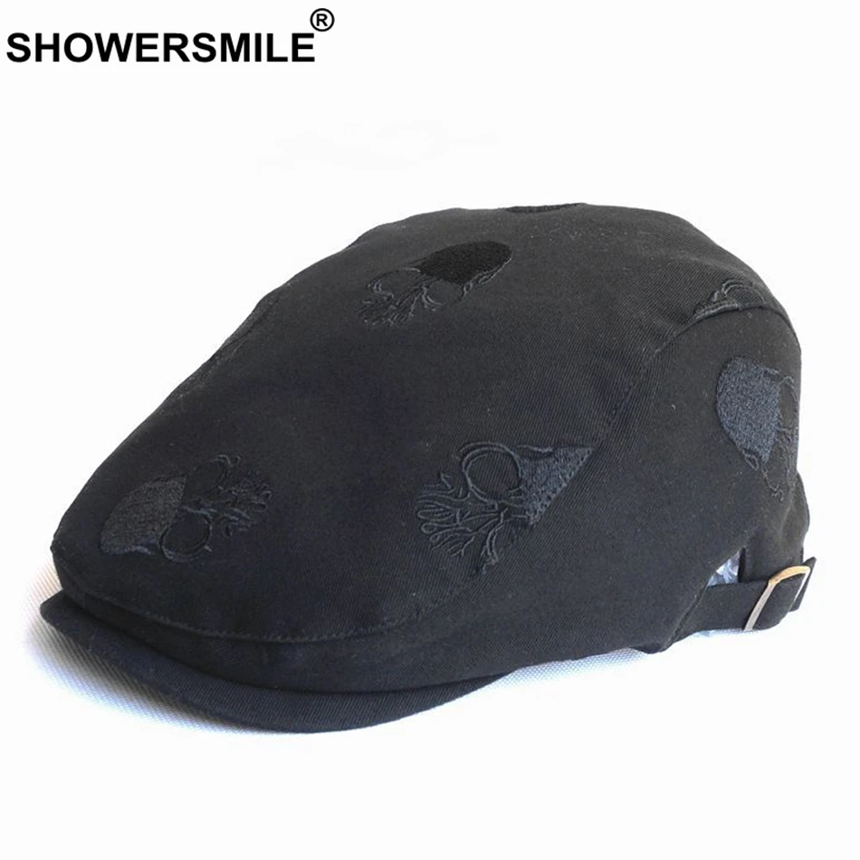SHOWERSMILE Summer Cotton Hat Men Flat Cap Embroidery Skull Adjustable Male Beret Hats Black Fashion High Quality Ivy Caps