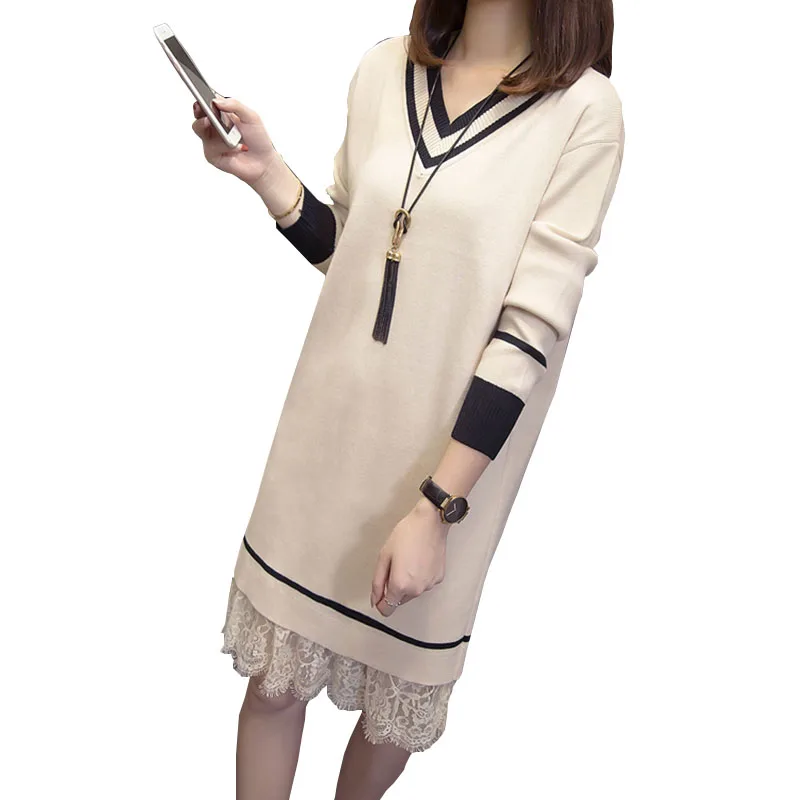 

Women Autumn Knitted Dress New Female Fashion Loose Casual Office Vestido V-neck Long sleeve Lace Stitching Base Dresses OK670